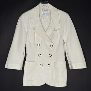 Chanel 12 Boutique Vintage Double Breast Blazer Jacket 90s Cream Camelia Button
